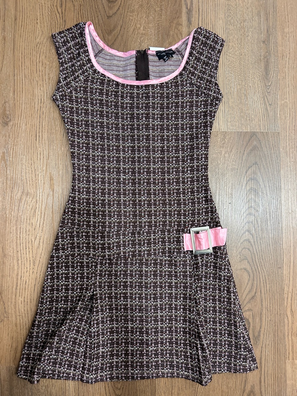 My Michelle Brown Tweed Mini Dress with Pink Belt Accent